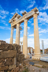 Obraz premium Side Roman Theatre at the ancient city of Side in Antalya region on the Mediterranean coast of Turkey.
