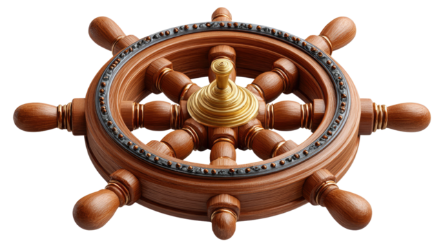 Nautical Navigation: A detailed, wooden ship's wheel, embodying the spirit of maritime exploration and navigation.