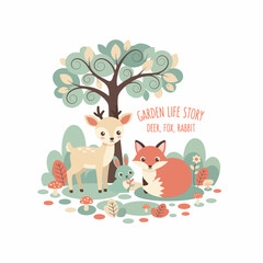 Cute forest animals gather beneath the big swirly tree