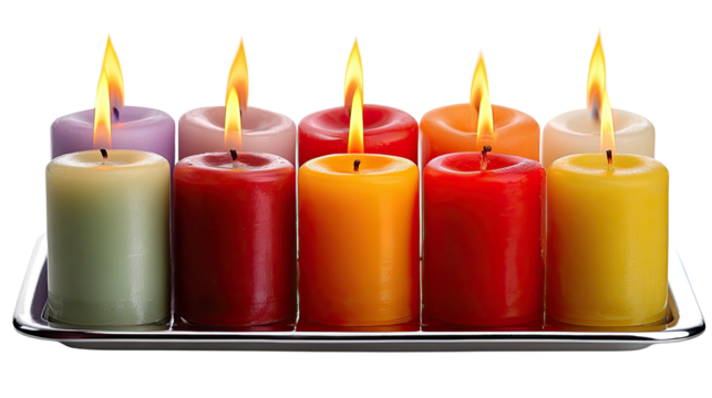 Vibrant Candles Aglow: A captivating scene featuring a collection of brightly colored candles, each with a flickering flame, meticulously arranged on a reflective tray.