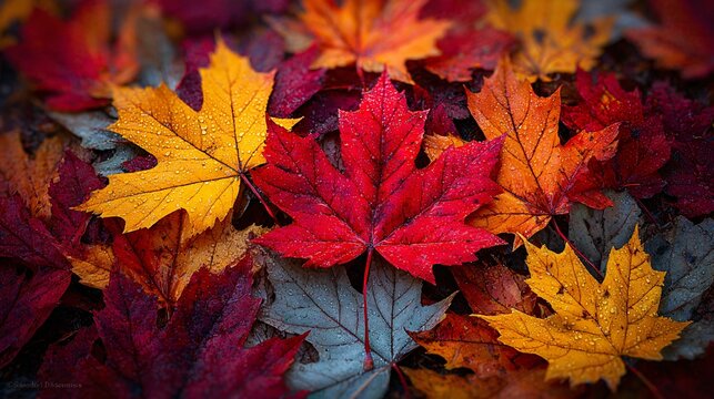 Close-up of vibrant red yellow and orange maple leaves scattered on the ground in autumn