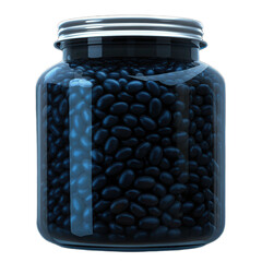 Transparent jar filled with blue beads creates striking visual against transparency background, showcasing unique texture and color
