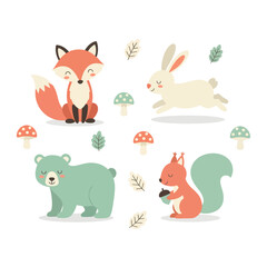 Naklejka premium Cute woodland animals fox bear rabbit squirrel graphics