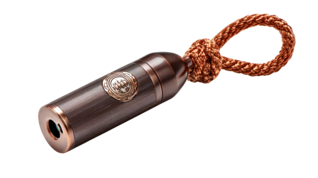 Elegant Flashlight with Decorative Rope: A sleek, modern flashlight with a metallic finish is artfully designed, and a decorative rope, combining functionality with aesthetic appeal