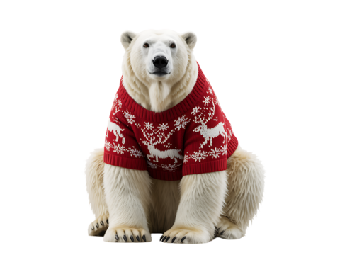 Adorable polar bear wearing holiday sweater isolated on transparent background
