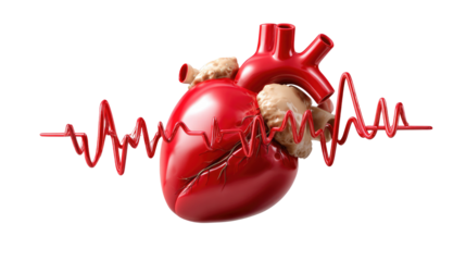 Anatomical Heart and Rhythm: An artistic rendering of a human heart, complete with intricate details, overlaid by a dynamic heartbeat waveform, symbolizing life's vital rhythm.