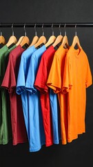 Fototapeta premium Row of assorted color t-shirts neatly arranged on a hanger rack.