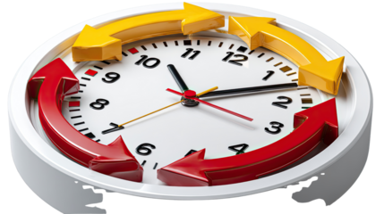 Time in Perpetual Motion: A close-up view captures the timeless dance of progress, as a clock face is encircled by vibrant arrows. signifying continuous movement and the relentless march forward.