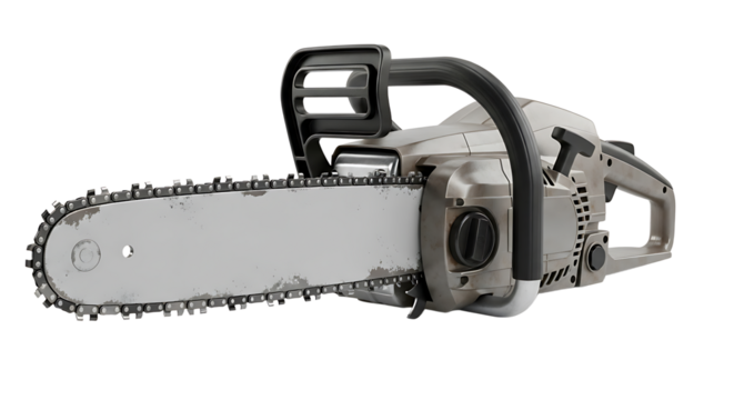 Powerful Gray Chainsaw with Black Handle on White Background
