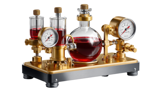 Laboratory Apparatus: An intricate arrangement of laboratory equipment, featuring a central glass vessel, gauges, and tubes, showcases the precision and complexity of scientific instruments.
