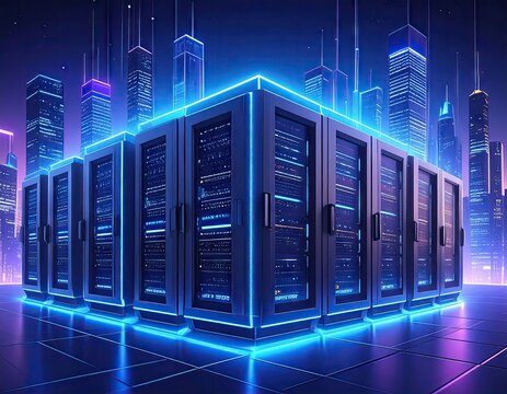 Futuristic Data Center Servers Illuminated by Neon Blue Lights in a Modern Cityscape.