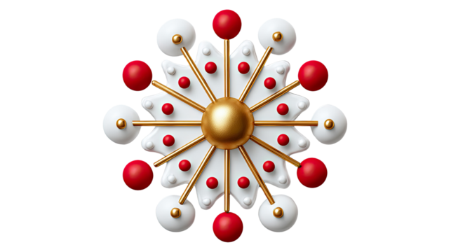 Festive Snowflake Ornament: An exquisite, symmetrical snowflake ornament, adorned with red orbs and gold accents, evokes the spirit of the season.