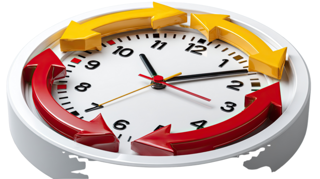 Time in Perpetual Motion: A close-up view captures the timeless dance of progress, as a clock face is encircled by vibrant arrows. signifying continuous movement and the relentless march forward.