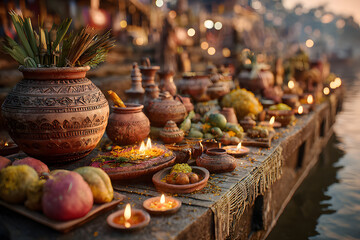 Fototapeta premium Arghya offerings on a riverside during sunset featuring clay pots, sugarcane stalks, fruits, and lit diyas, a traditional part of the Hindu happy chhath puja rituals