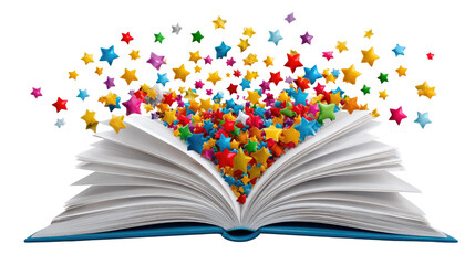 World of Imagination: An open book springs to life, as a vibrant array of colorful stars bursts forth, symbolizing the limitless wonder of storytelling.