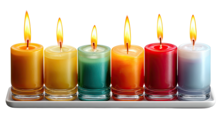 Illuminating Unity: A vibrant array of colorful candles, each with its own flickering flame, cast a warm glow, symbolizing togetherness and shared light.