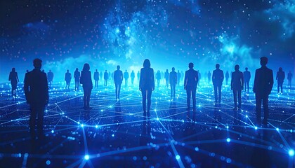 Futuristic Digital Network Connecting Silhouetted People in Abstract Blue Galaxy.