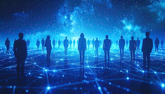 Futuristic Digital Network Connecting Silhouetted People in Abstract Blue Galaxy.