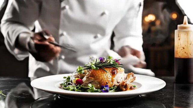 Elegant plating angle showing chef&rsquo;s hand arranging herbs on golden roasted chicken
