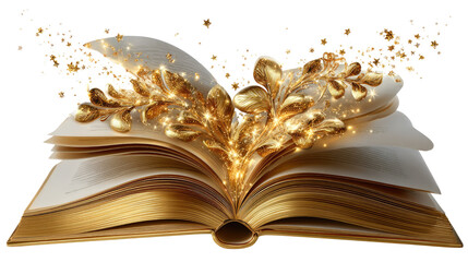 Golden Pages of Knowledge: An open book, bathed in a celestial glow, with delicate golden embellishments adorning its pages. This image represents knowledge, wisdom.
