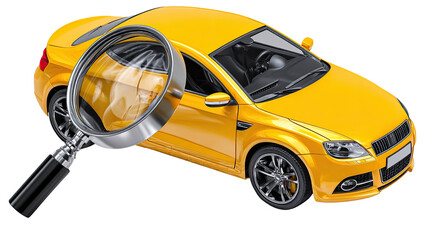 Fototapeta premium Magnifying the Automotive: A detailed exploration of a vibrant yellow car under the analytical eye of a magnifying glass, inviting a close inspection of its design.