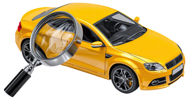 Magnifying the Automotive: A detailed exploration of a vibrant yellow car under the analytical eye of a magnifying glass, inviting a close inspection of its design.