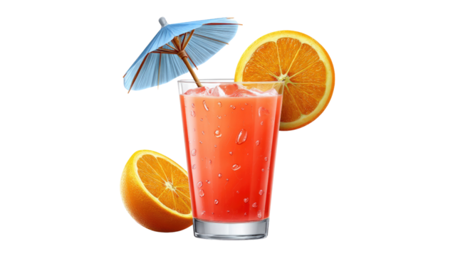 Tropical Elixir: A vibrant cocktail, garnished with a slice of fresh orange and a tiny parasol, is a refreshing escape, ideal for the sun-kissed season, promising a delightful sensory experience.
