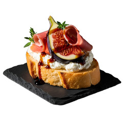 Gourmet fig and prosciutto crostini with creamy cheese and balsamic glaze, elegantly presented for holiday entertaining, recipe blogs, restaurant menus, or catering advertisements,