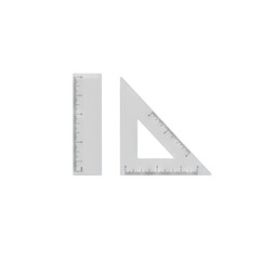 Set of two silver metal drafting rulers a straight ruler and a triangle ruler with measurement markings isolated on a black background representing drafting and architecture tools