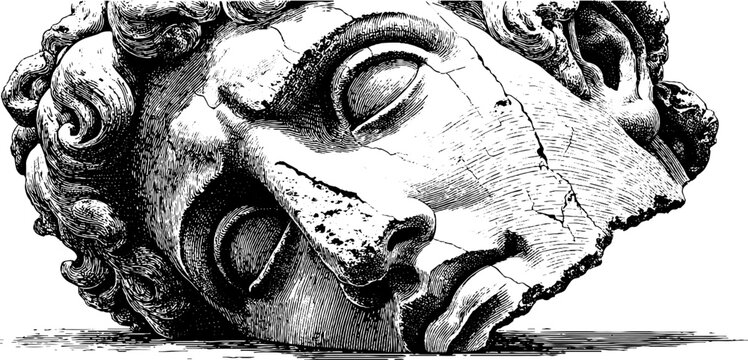 Vintage engraving of classical statue head with broken nose on a textured background