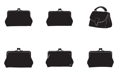 Vector Illustration of Coin Purses and Handbag in Black Silhouette Elegant Retro Style for Fashion and Finance Concepts