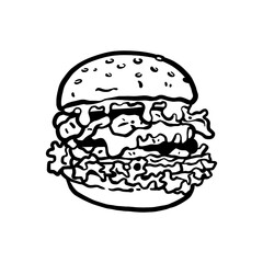 Hand drawn vector illustration of a classic hamburger with lettuce, tomato, and cheese. Detailed black line drawing showing juicy burger layers and realistic textures in sketch style. Perfect for rest