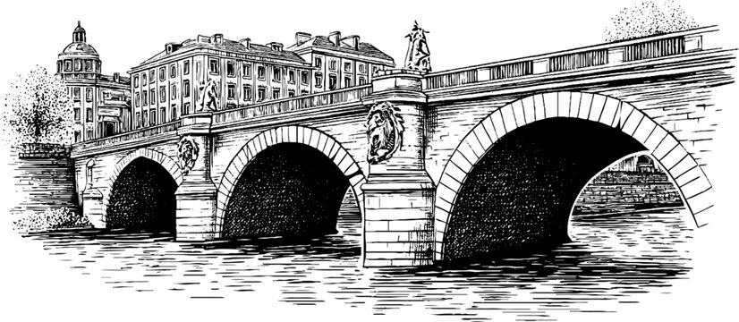 Vintage engraved illustration of historic bridge with sculpted balustrades for design