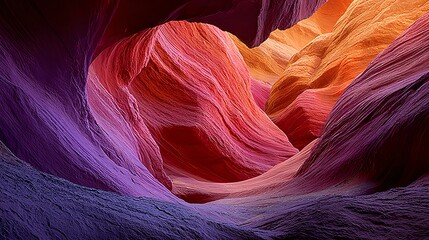sunlit antelope canyon passage with glowing purple and orange stone, smooth flowing sandstone colors in narrow curved canyon walls, dramatic desert rock layers illuminated by warm canyon light
