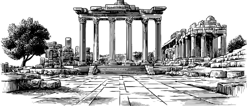 Engraved depiction roman forum ruins columns ancient architecture historical design decor vintage antique monument classical heritage archaeology illustration. Classic stone landmark with detailed str