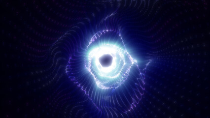 Abstract neon blue light waves forming a glowing circular core with dynamic energy flow, isolated on white background