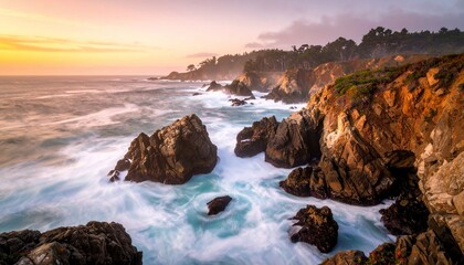 Obraz premium Coastal Sunset Bliss Waves Crashing Against Cliffs in Scenic California with USA.