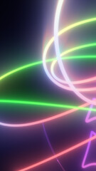 Vivid abstract neon light trails in motion with glowing red, green, pink, and blue curves on a dark background