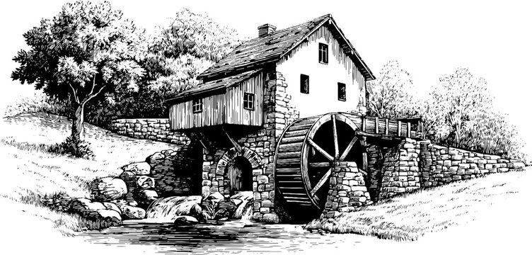 Vintage engraving of watermill by stream with rotating wheel for rustic design