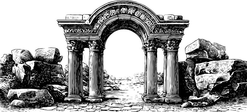 Vintage engraved double stone arch with carved capitals and central keystone
