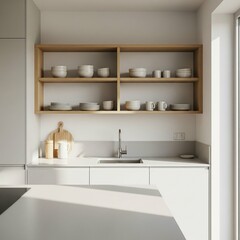 Minimalist kitchen interior with open wooden shelves and white countertops.