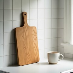 Minimalist kitchen scene with wooden cutting board and coffee mug against a tiled wall.