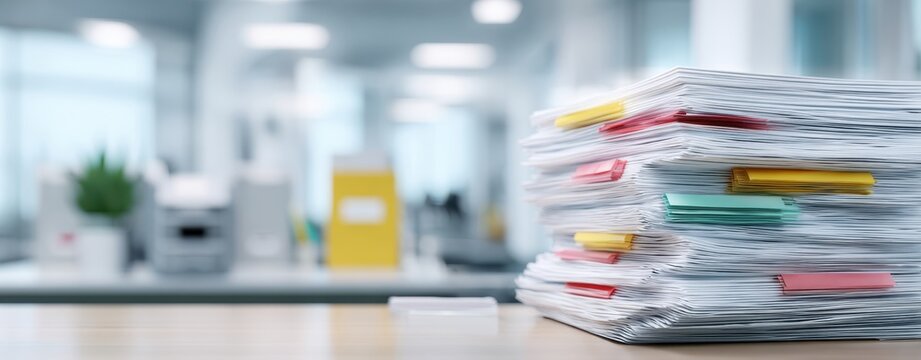 The Stack of Organized Office Documents with Colorful Tabs on Desk