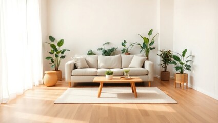 Modern living room with plants offers serene elegance