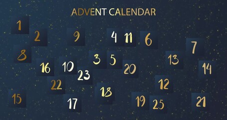 Christmas advent calendar. Christmas advent calendar sheets with number of day of december against dark background with golden snow. Christmas 4K video graphic animation