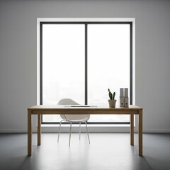 Minimalist modern home office interior with wooden desk and chair in front of a large bright window.