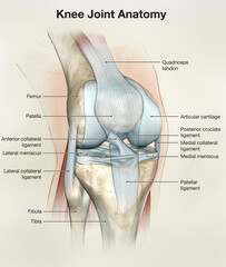 Knee Joint Anatomy. Labeled. 3D llustration