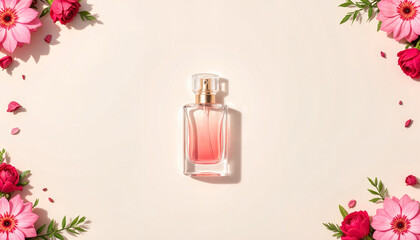 Elegant perfume bottle surrounded by colorful flowers on a soft background