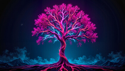 Vibrant neon tree with luminous branches and glowing roots in a mystical landscape