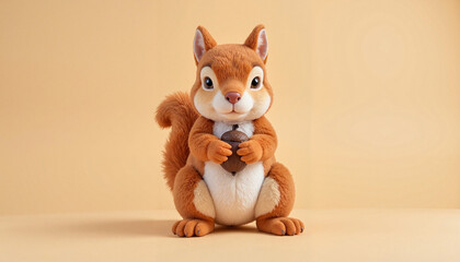 Cute plush squirrel holding an acorn against a soft beige background